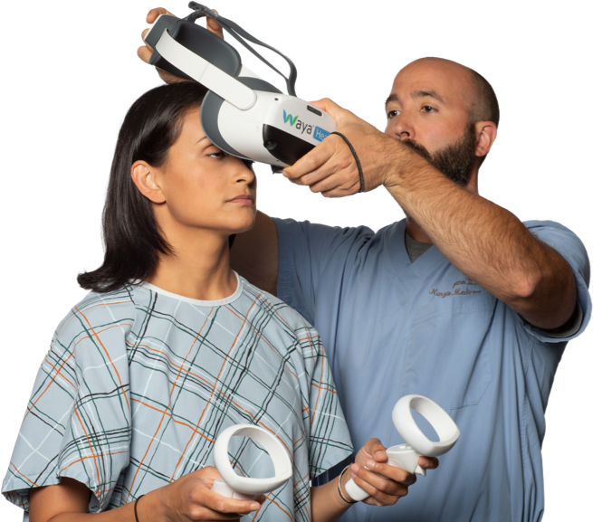 Sunita Have VR Headset Placed On A doctor is about to place a virtual reality headset on a woman patient.