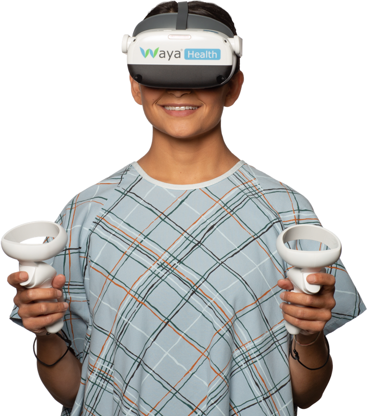 A young boy wears a virtual reality headset and smiles.