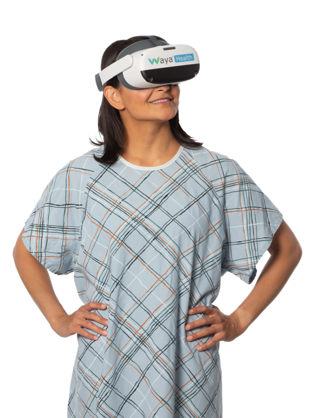 A woman is pictured wearing a Virtual Reality headset and looking to her left.
